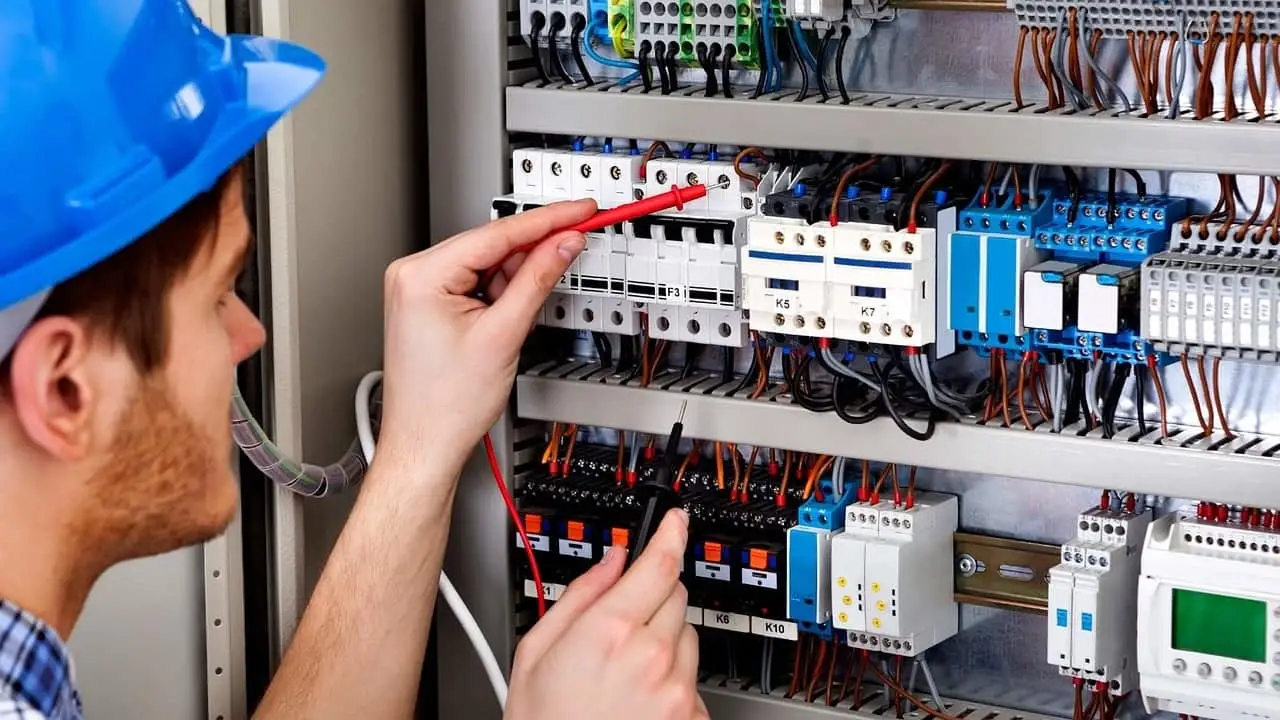 En elektriker med blå skyddshjälm arbetar med en elpanel.